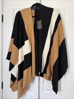 Open-Front Colorblock Poncho - Black, Camel & Cream